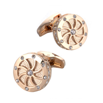 Round Shape Wheel Rose Gold Plated Cufflinks Shiny Crystal Rhinestone Mens Shirts Cufflinks